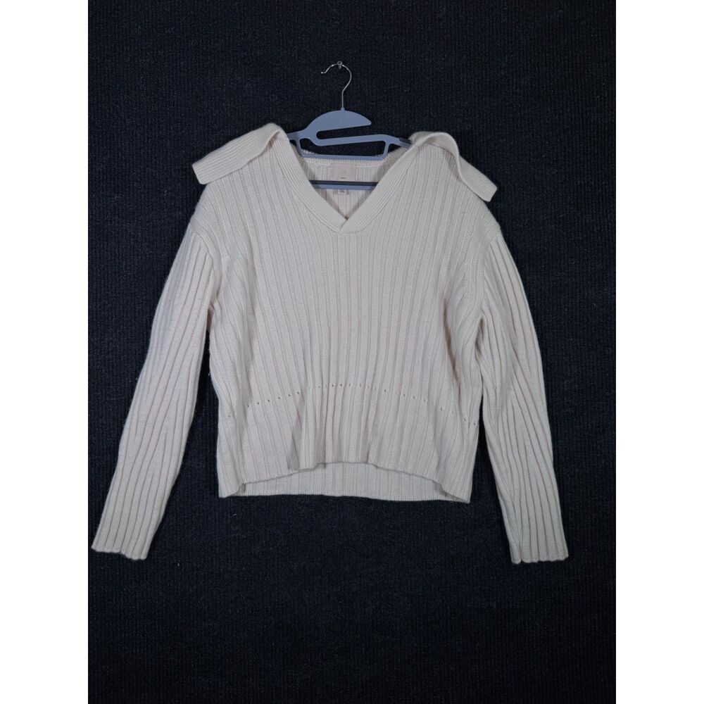 H&M 100% Wool Collared V Neck Ribbed Knit Sweater Cream S